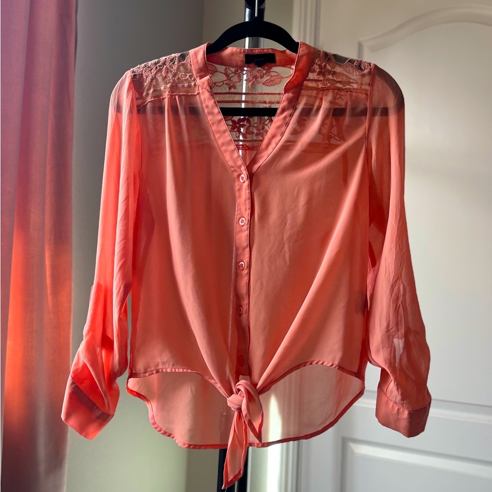 Sheer, lace blouse in coral